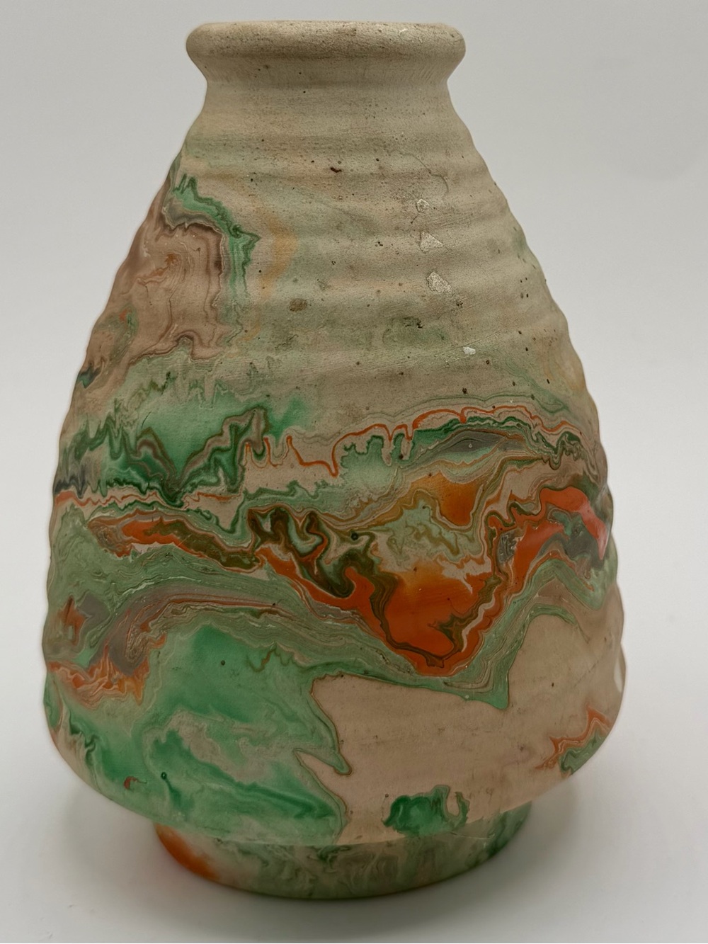 Vintage Nemadji Pottery Cream Colorful Orange Marble Swirl Vase 5.5” Tall EUC